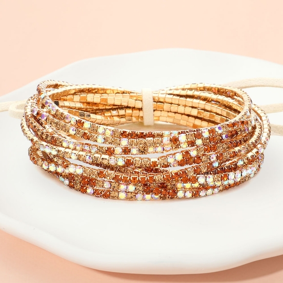 Topaz Gold Rhinestone Crystal 12 Pcs Layered Stretch Bracelets Jewelry - Picture 1 of 4